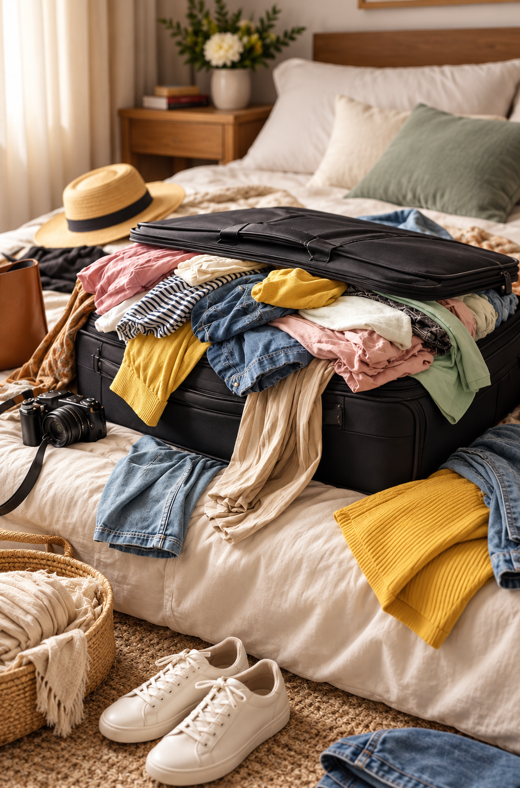 Mala aberta com roupas desarrumadas sobre a cama